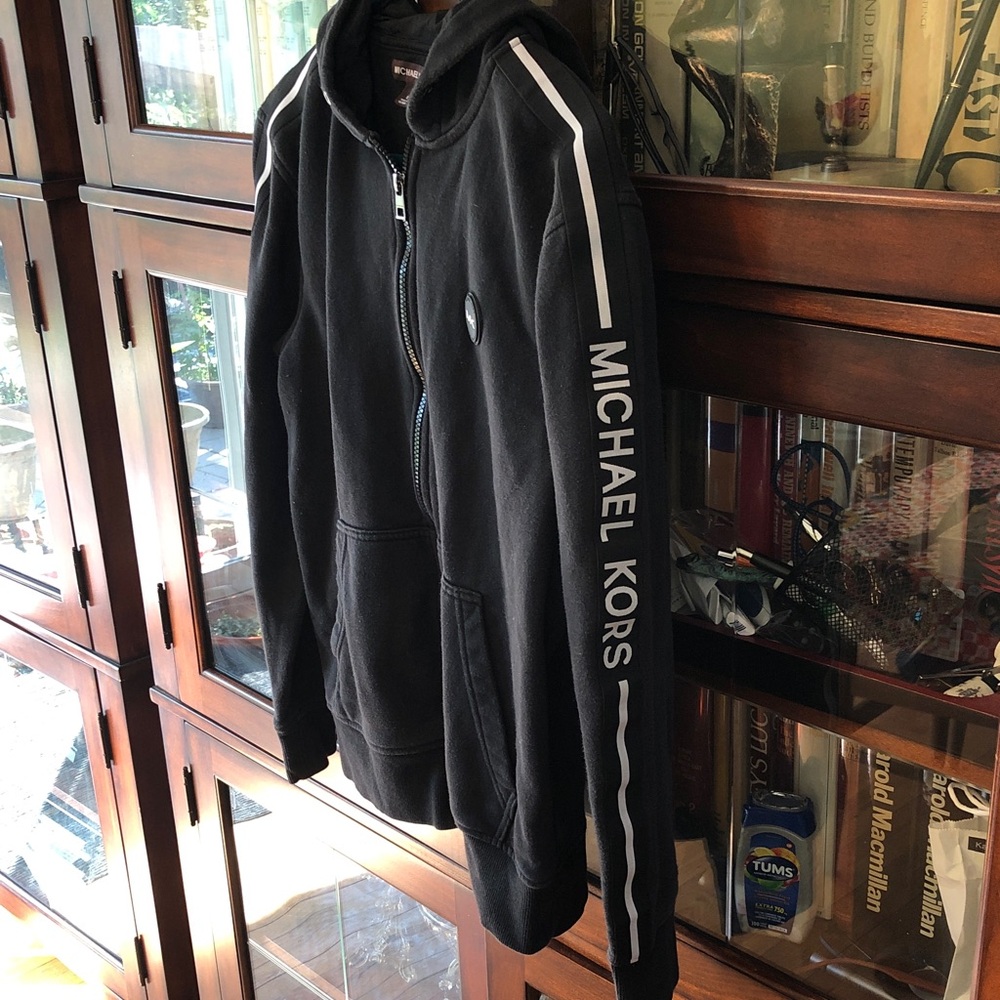 Michael Kors Men's Black Full-Zip Hooded Sweater with MK Patch